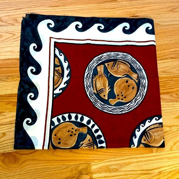 French kitchen tablecloth Fish on a plate Cotton blue/rust/White Made in France - Picture 2 of 7